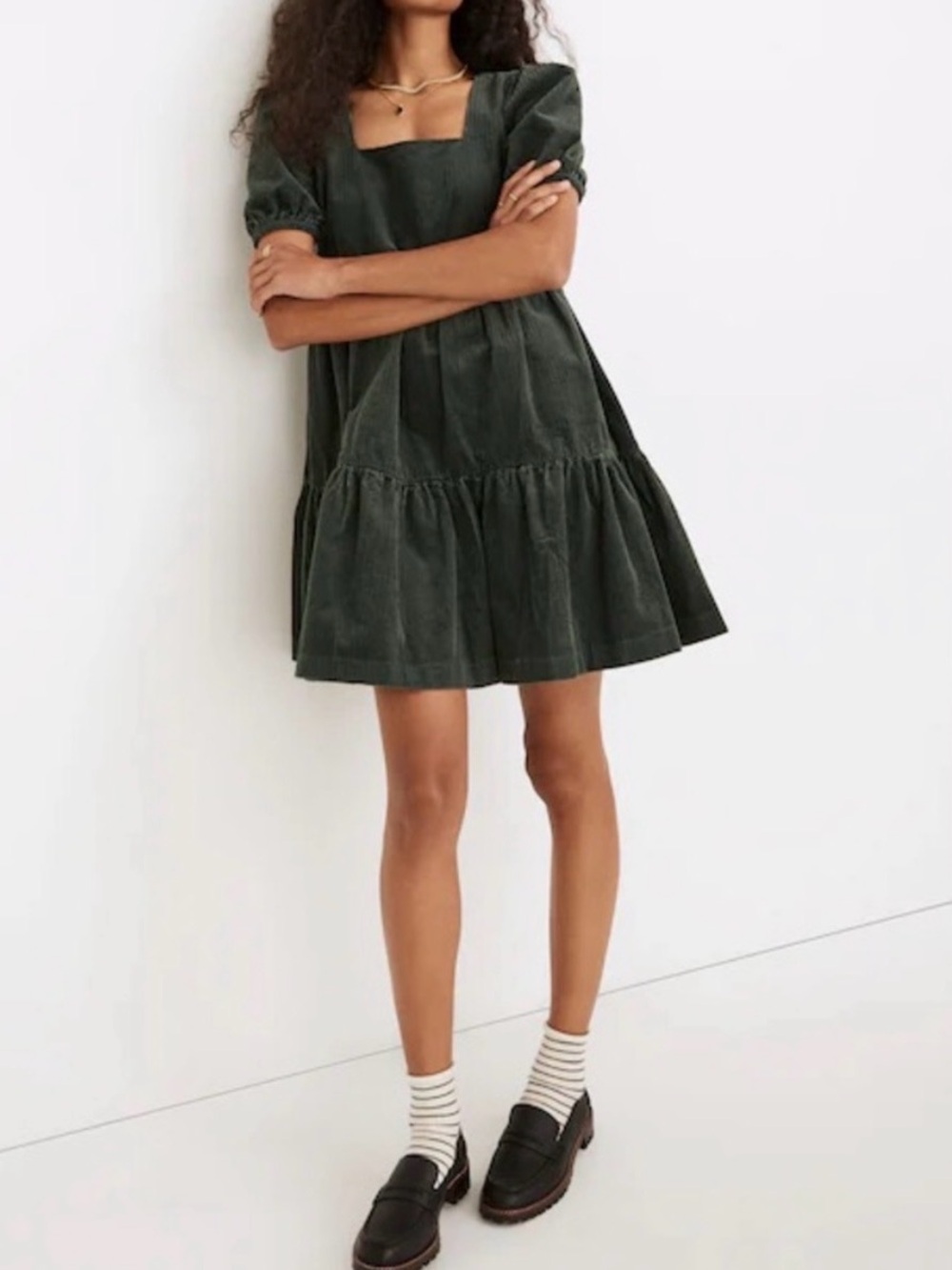 Madewell Aidy Corduroy Babydoll Dress Green Puff Sleeves Pockets Size 4